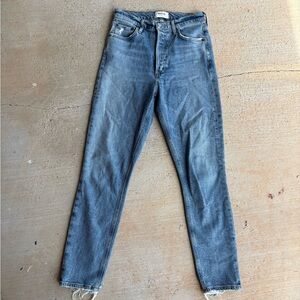 Agolde Nico High Rise Slim Blue High Rise Jeans with Raw Hem